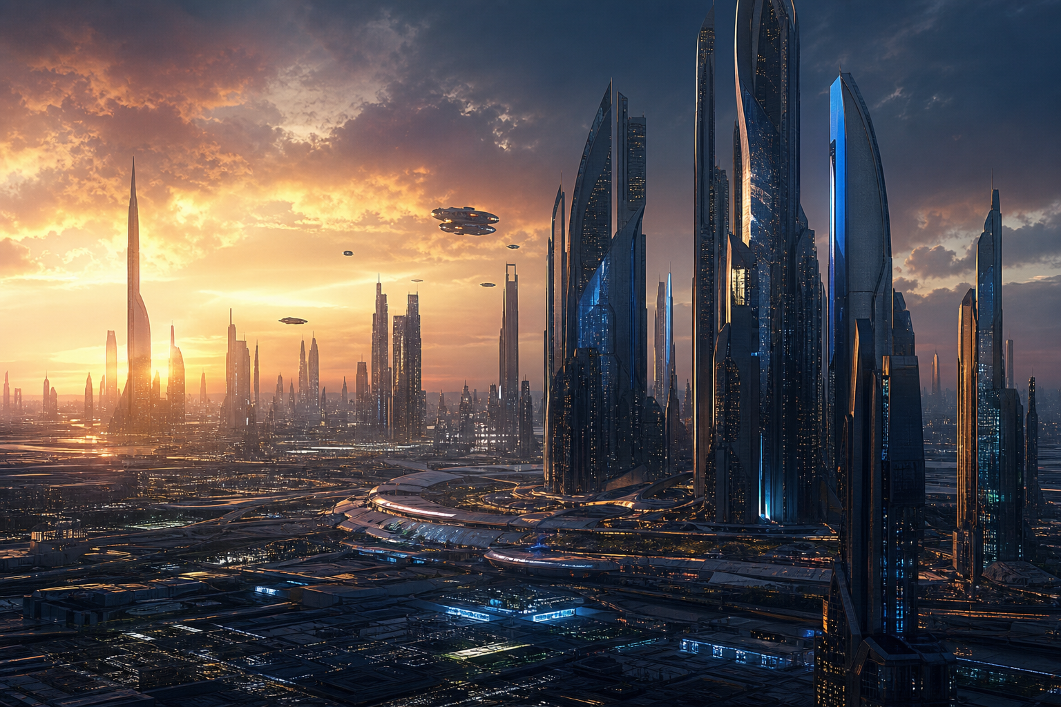 futuristic AI city skyline, cinema